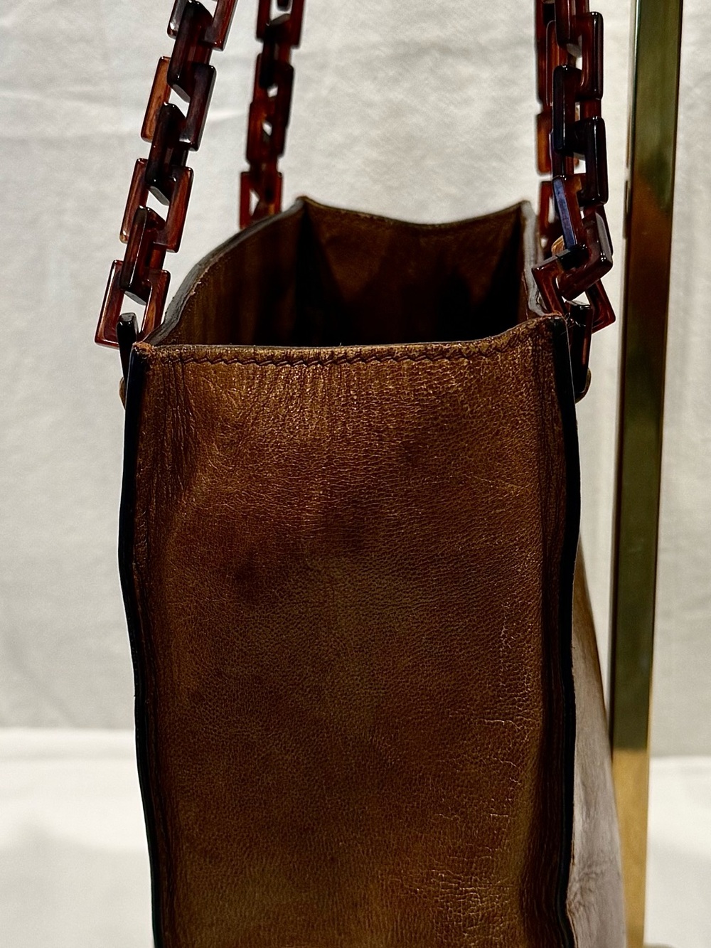Y2K Prada Brown Leather Tote Or ShyBag with Tortoiseshell Chain Straps - Picture 4 of 11